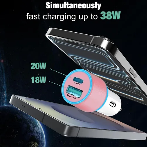 Miniatura 4 de Adaptador de cargador de coche USB C de 38 W, 20 W rápido USB-C y puertos QC3.0 rápidos de 18 W, adaptador de encendedor de cigarrillos de 12 V