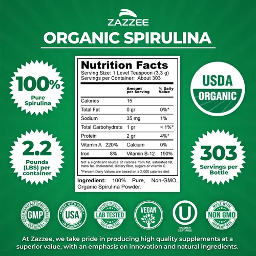 Miniatura 2 de Zazzee USDA - Polvo de espirulina orgánica de 2.2 libras (2.2 lbs), 303 porciones, 100% puro y no irradiado, vegano, totalmente natural y sin OMG