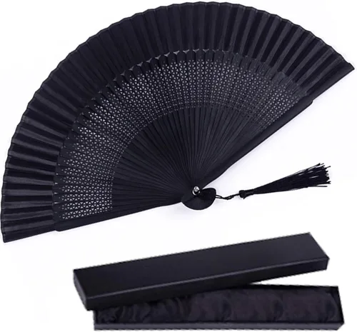 Ventilador plegable de seda, ventilador de mano de madera de bambú, estilo retro japonés, vintage, hecho a mano, con una funda de tela y borlas para