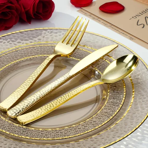 Miniatura 5 de 350 piezas de platos de plástico transparente negro para 50 invitados, juego de vajilla desechable para fiestas y graduaciones, incluye 100 platos