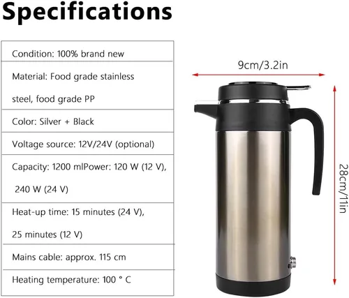 Miniatura 6 de Calentador de agua para automóvil de 12 V, calentador de taza de viaje de calentamiento rápido, acero inoxidable, eléctrico, 40.6 fl oz