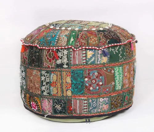 Jaipurtextilehub Funda de puf bohemio Khamadiya indio vintage para decoración del hogar, funda otomana para decoración del hogar, decoración hippy
