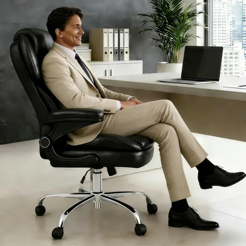 Miniatura 2 de Hovos Silla de oficina, ergonómica grande y alta silla de cuero de escritorio con brazos abatibles acolchados, bloqueo de inclinación ajustable