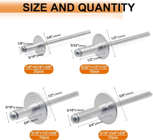 Miniatura 2 de ISPINNER 60 piezas de remaches ciegos de aluminio con brida grande, kit surtido con remachador de mano resistente, herramienta de pistola