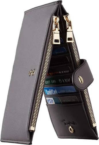 Miniatura 11 de Travelambo Billeteras de cuero para mujer, delgada, con bloqueo RFID, billetera plegable para tarjetas de crédito, Marrón beige