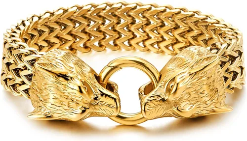 Miniatura 4 de COOLSTEELANDBEYOND Biker - Pulsera de acero inoxidable para hombre con cabeza de lobo con cierre de anillo de resorte