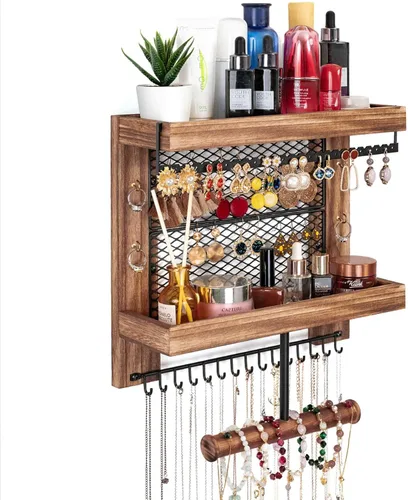 Miniatura 8 de Pinzoveco Organizador de joyas colgante montado en la pared con soporte organizador de joyas de pared para collares, pulsera, aretes, anillo (negro)