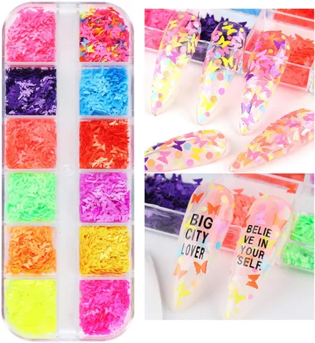 Miniatura 2 de Lentejuelas de uñas de mariposa 3D de 12 colores, mariposas luminosas, diseño de arte de uñas, mariposas holográficas con forma de copos