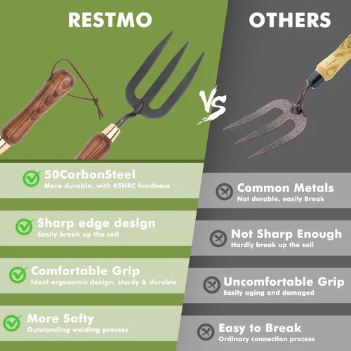 Miniatura 7 de RESTMO Tenedor de mano de jardinería resistente, tenedor de mano grueso para plantar o quitar plantas, girar el suelo, desmalezar y cultivar