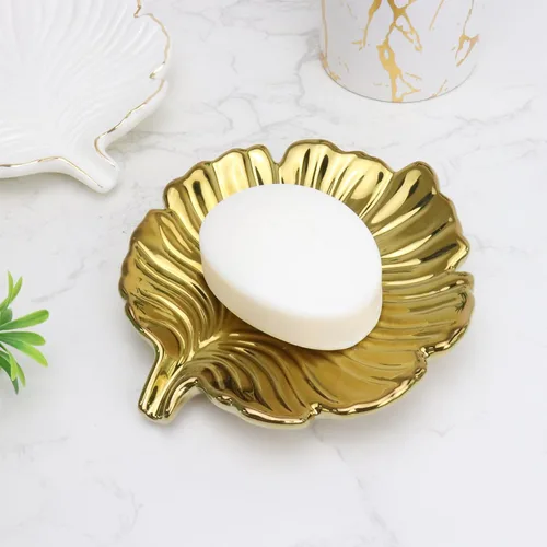 Miniatura 7 de Jabonera de baño de hoja dorada, soporte de cerámica en estilo hoja de palma, diseño autodrenante y se utiliza para sostener varios accesorios
