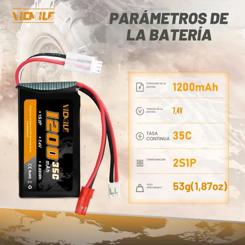 Miniatura 2 de Batería SCX24 7.4V 1200mAh Lipo Batería 2S 35C (Burst 70C) con PH2.0 JST Plug con 1TO2 Cargador USB apto para SCX24 RC Car WLtoys A949 A959 A969