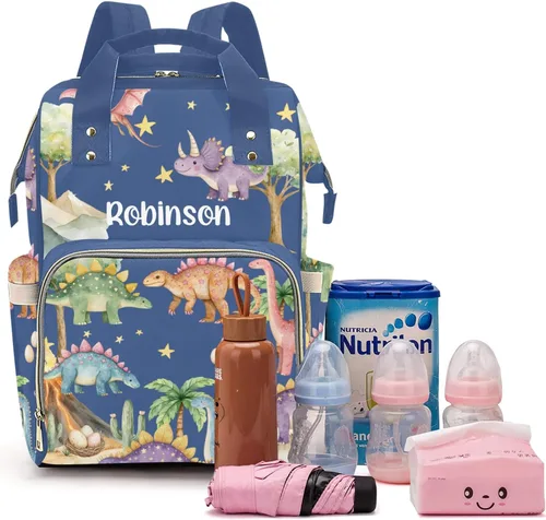 Miniatura 17 de Linda bolsa de pañales personalizada de dinosaurio tropical de gran capacidad para bebé, niño y niña, impermeable, con nombre personalizado, mochila