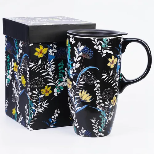 Miniatura 13 de DUSVALLY Juego de 2 tazas de café de cerámica de 17 onzas con tapa, tazas de café de viaje florales para oficina en casa, aptas para microondas