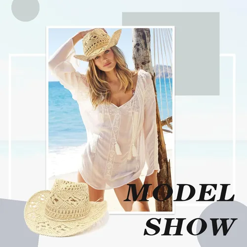 Miniatura 4 de Sombreros de vaquero de paja para mujer, sombrero de vaquera occidental brillante para fiestas de vacaciones, sombrero de sol plegable