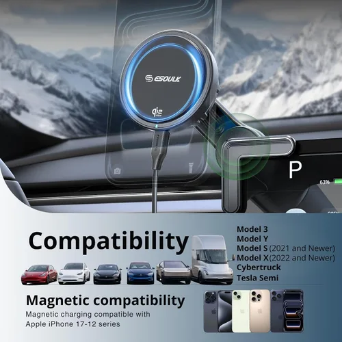 Miniatura 6 de [Esoulk] Cargador de teléfono Tesla de 25 W para modelo 3/Y, cargador magnético MagSafe para automóvil con ventilador de enfriamiento, soporte