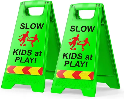 Paquete de 2 señales de seguridad para niños en juego para la calle, señales de seguridad para niños en juego con cinta reflectante de 44.5 cm de