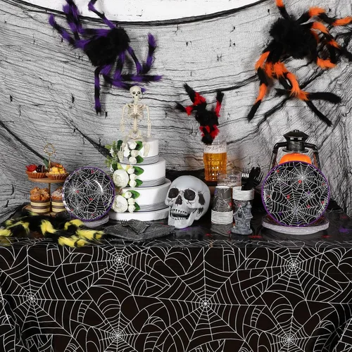 Miniatura 5 de Peryiter Mantel rectangular de plástico para Halloween, tela de araña, 54 x 108 pulgadas, impermeable, desechable, tela de araña para decoración