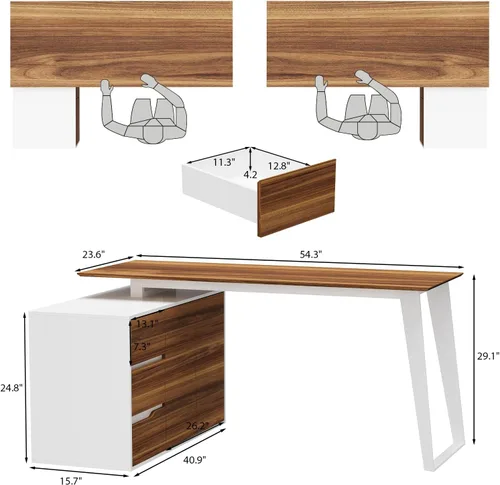 Miniatura 2 de Escritorio de oficina reversible con 3 cajones y 2 estantes, escritorio para computadora en forma de L y mesa de estudio con almacenamiento oculto