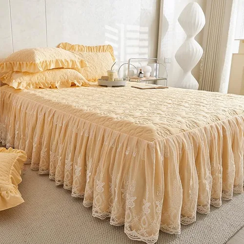 Miniatura 2 de Colcha acolchada de algodón brocado con patrón de flores, falda de cama con volantes, tamaño Queen, amarillo claro