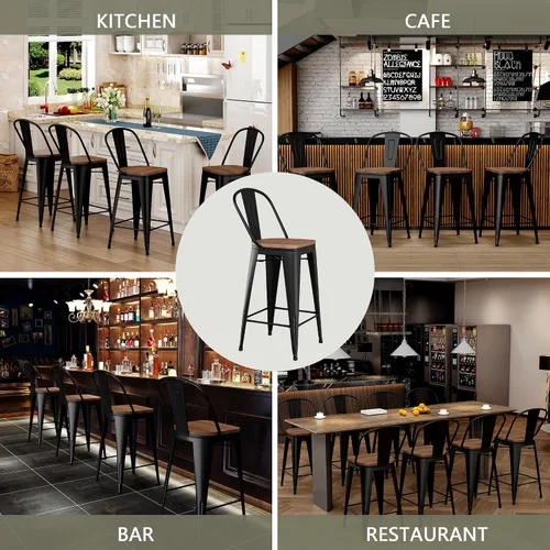 Miniatura 8 de Juego de 4 taburetes de bar de altura de mostrador para isla de cocina, estilo granja, sillas de bar de metal con respaldo alto, asiento de madera