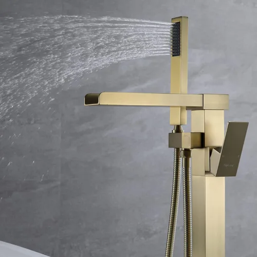 Miniatura 8 de Taplong Grifo de bañera independiente de oro cepillado con relleno de bañera de pie en cascada de alto flujo con ducha de mano-51001ZBGG