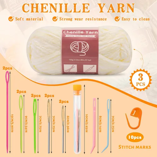 Miniatura 2 de LUNARM Hilado de chenilla para tejer y hacer ganchillo, 3 madejas de 240 metros de hilo grueso, suave y voluminoso, para tejer mantas, ropa y Beige