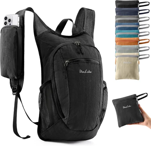 Uselike 10L Mochila pequeña de senderismo para viajes, mochila de día plegable, ligera y compacta para mujeres y hombres, Negro, Pequeño, Compacto