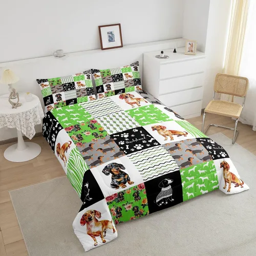 Miniatura 4 de Erosebridal Bonito juego de edredón de perro salchicha para niños y niñas, juego de ropa de cama de perros verdes coloridos para regalo para amantes