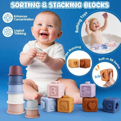 Miniatura 3 de Juguetes 6 en 1 para bebés de 6 a 12 meses, juguete Montessori para niños de 1 año, juguete de dentición para bebés, apilar tazas, cubo sensorial