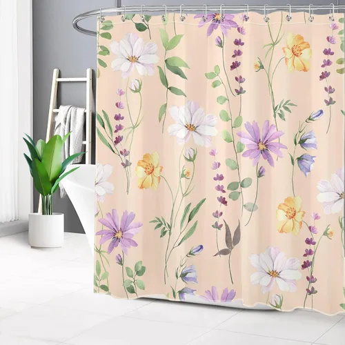 Miniatura 16 de Cortina de ducha de flores silvestres amarillas, moradas, florales y verde salvia con hojas de eucalipto sobre blanco, juego de cortina de ducha