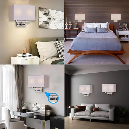 Miniatura 7 de LEDMyplace - Lámpara de pared LED de 2 luces, 120 V, base E26, cuerpo de hierro y pantalla de tela blanca, certificación UL, acabado de níquel