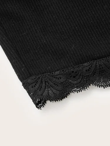 Miniatura 4 de MakeMeChic Camiseta corta sin mangas con cuello en V y ribete de encaje Y2K para mujer