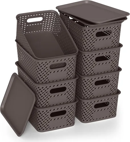 Miniatura 11 de Contenedores de almacenamiento de plástico con tapa, cesta pequeña apilable para organización y contenedores para estantes, cajones, escritorio