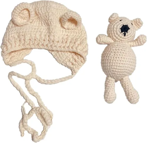 Miniatura 3 de Accesorios de fotografía para recién nacidos, sombrero de oso, sesiones de fotos de bebé, trajes de fotos para posar fotos de ganchillo, oso muñeca