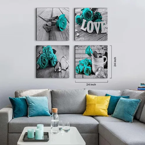Miniatura 4 de Arte de pared de flores de rosa turquesa y verde azulado para el baño, decoración de pared floral turquesa, señal de amor en blanco y negro, Rosa