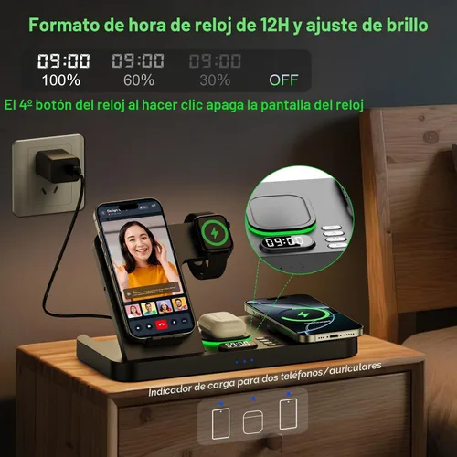 Miniatura 5 de Estación de carga inalámbrica de teléfono doble para dispositivos Apple, estación de carga magnética para iPhone con interruptor automático de luz