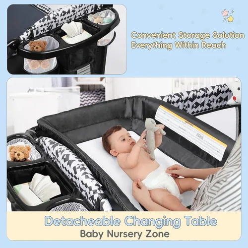 Miniatura 4 de Xilingol Parque de juegos 5 en 1, moisés para bebé con cambiador de pañales junto a la cama, bolsa de almacenamiento y caja de música, cuna portátil