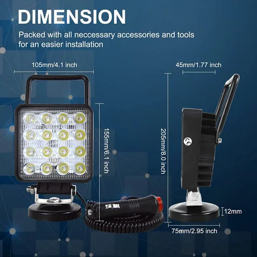 Miniatura 4 de RIGIDON Luz de trabajo LED de 4 pulgadas y 48 W con base magnética, luz cuadrada impermeable, 12 V, 24 V, iluminación todoterreno, luces antiniebla