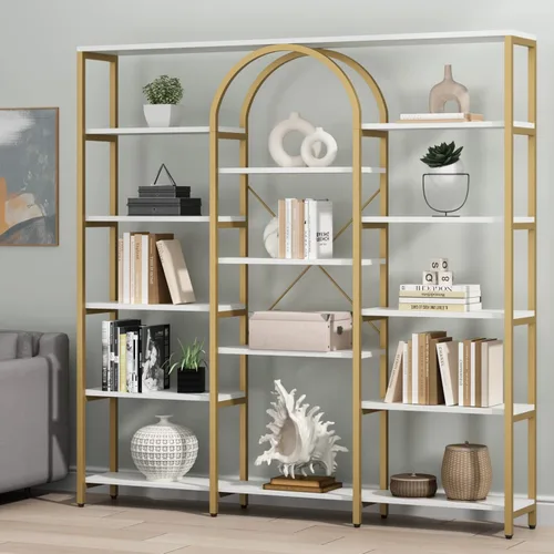 Gyfimoie Estantería dorada triple ancha, 70.87 pulgadas de ancho x 71.34 pulgadas de alto, estantería grande y moderna Etagere con estantes abiertos