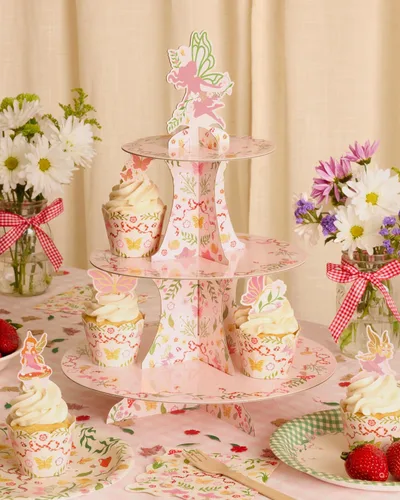 Miniatura 4 de xo, Fetti Garden Fairy Cupcake Tower, 3 niveles Decoraciones de fiesta de mariposa para niños, fiesta de té, cumpleaños, bosque de bosques, país