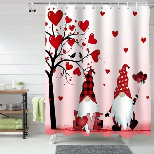Miniatura 2 de cortina de ducha de gnomos del día de San Valentín, cortina de ducha rosa con corazones de amor para decoración de baño, juegos de cortinas de ducha