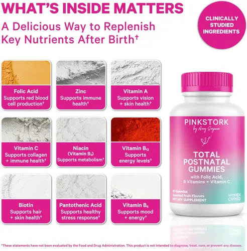 Miniatura 2 de Pink Stork Gomitas Vitamínicas Totales Posnatales - Multivitamínico para la Recuperación Posparto y Apoyo a la Lactancia - Ácido Fólico, B6