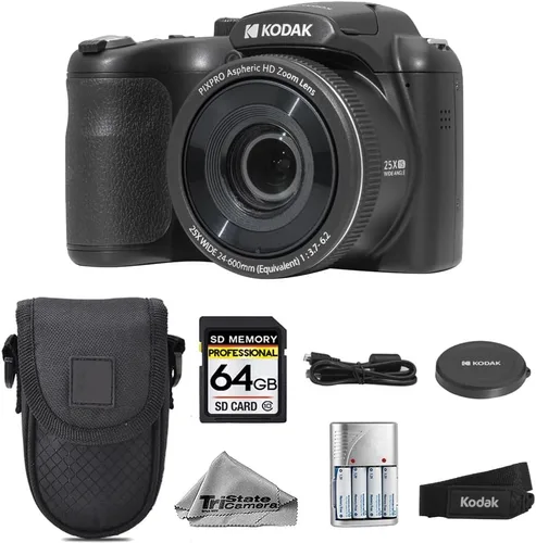 Kodak PIXPRO AZ255 - Cámara digital (negro), zoom óptico de 25X, 16MP, video de 1080p, tarjeta SD de 64 GB, baterías AA extra recargables, cargador