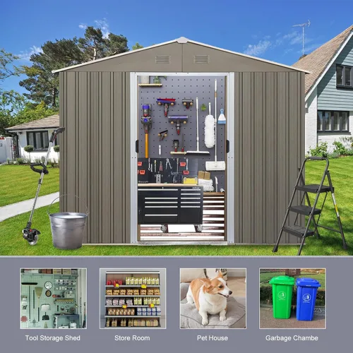 Miniatura 7 de Cobertizo de almacenamiento para exteriores de 9.94 x 7.74 pies, cobertizo de herramientas de acero con puerta y marco de suelo con doble bloqueo