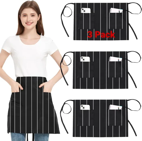 Miniatura 9 de Paquete de 3 delantales de cintura con 3 bolsillos, delantales de camarero unisex negros, delantales resistentes al agua para restaurante, chef y bar