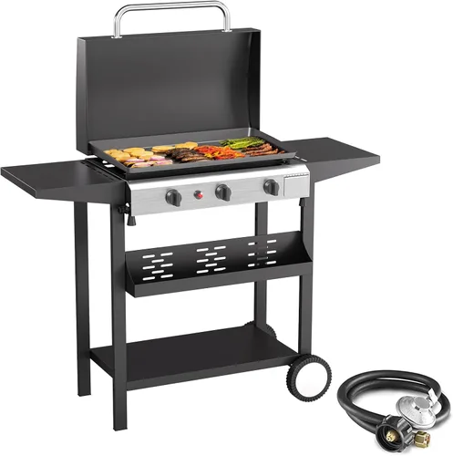 Miniatura 11 de SKOK Parrilla de gas de 3 quemadores con campana, parrilla de propano para exteriores de 25.6 pulgadas, parrilla de gas portátil con parte superior