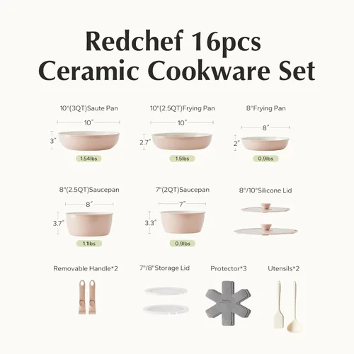 Miniatura 9 de Redchef Juego de 16 piezas de ollas y sartenes de cerámica antiadherentes, juego de utensilios de cocina de cerámica antiadherentes con mango