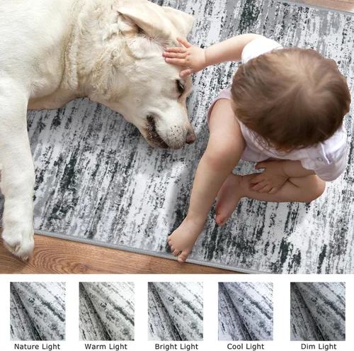 Miniatura 4 de Lansny Alfombra moderna abstracta de 2 x 5 pies, color negro, gris, blanco, lavable, alfombra de entrada para cocina, alfombra antideslizante suave