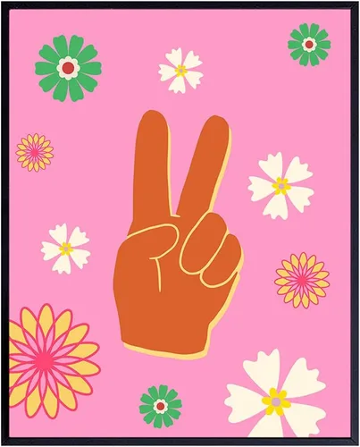 Decoración retro de los años 70 con signo de la paz – Decoración hippie de flores geniales – Decoración bohemia vintage de los años 60 – Impresión