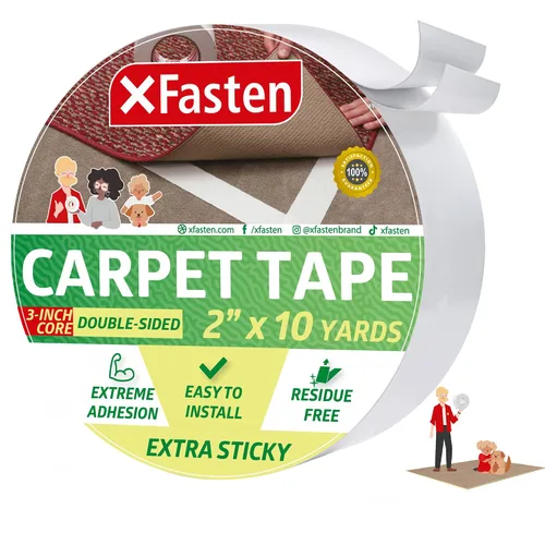 XFasten Cinta adhesiva extra adhesiva para alfombras, 2 pulgadas x 10 yardas, para interiores y exteriores, para suelos y suelos de madera dura,